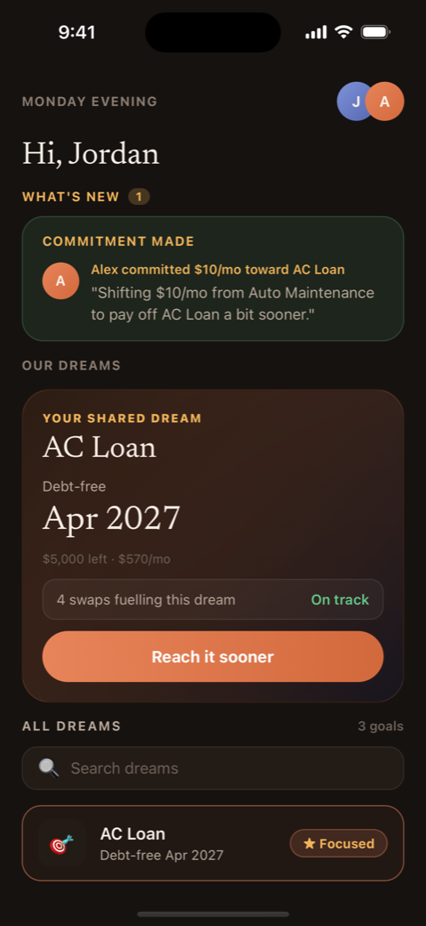 PairGoal home screen showing a shared dream on track and a Reach it sooner button
