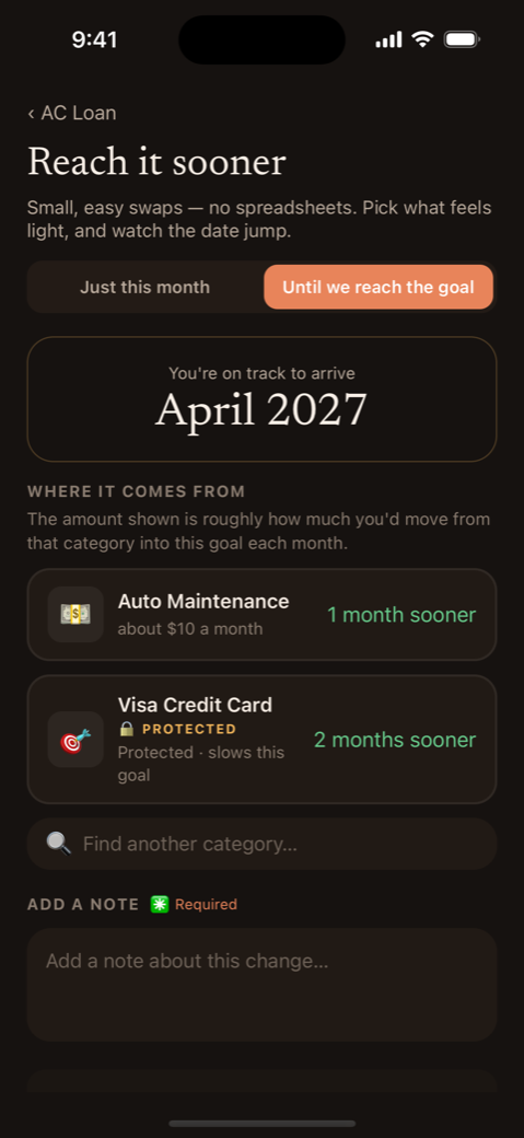 Reach it sooner screen suggesting small budget swaps that move the goal date up