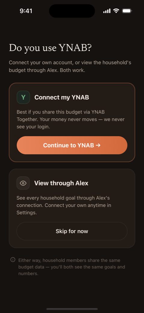 Connect YNAB screen — your money never moves and PairGoal never sees your login